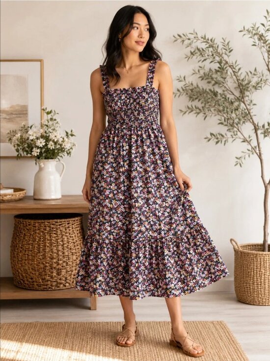 GAP Dresses & Skirts - GAP Floral Smocked Midi Dress Black Cotton Tiered Sundress Small